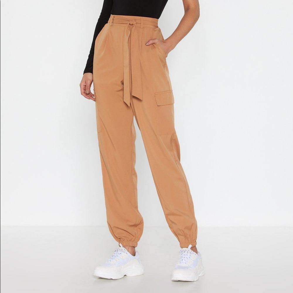 nasty gal tan high-waisted “on the cargo” pants